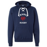 The WRS S&S Activewear Nations of Rugby France Rugby Hockey Hoodie features a navy blue design with a lace-up collar, front pocket, "France Rugby" text, and a red rooster logo on the chest. Medium weight for comfort and style.