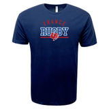 The Nations of Rugby France Wordmark Supersoft Tee by WRS LAT is a navy blue tee featuring the words "France Rugby" and an illustration of a rooster.