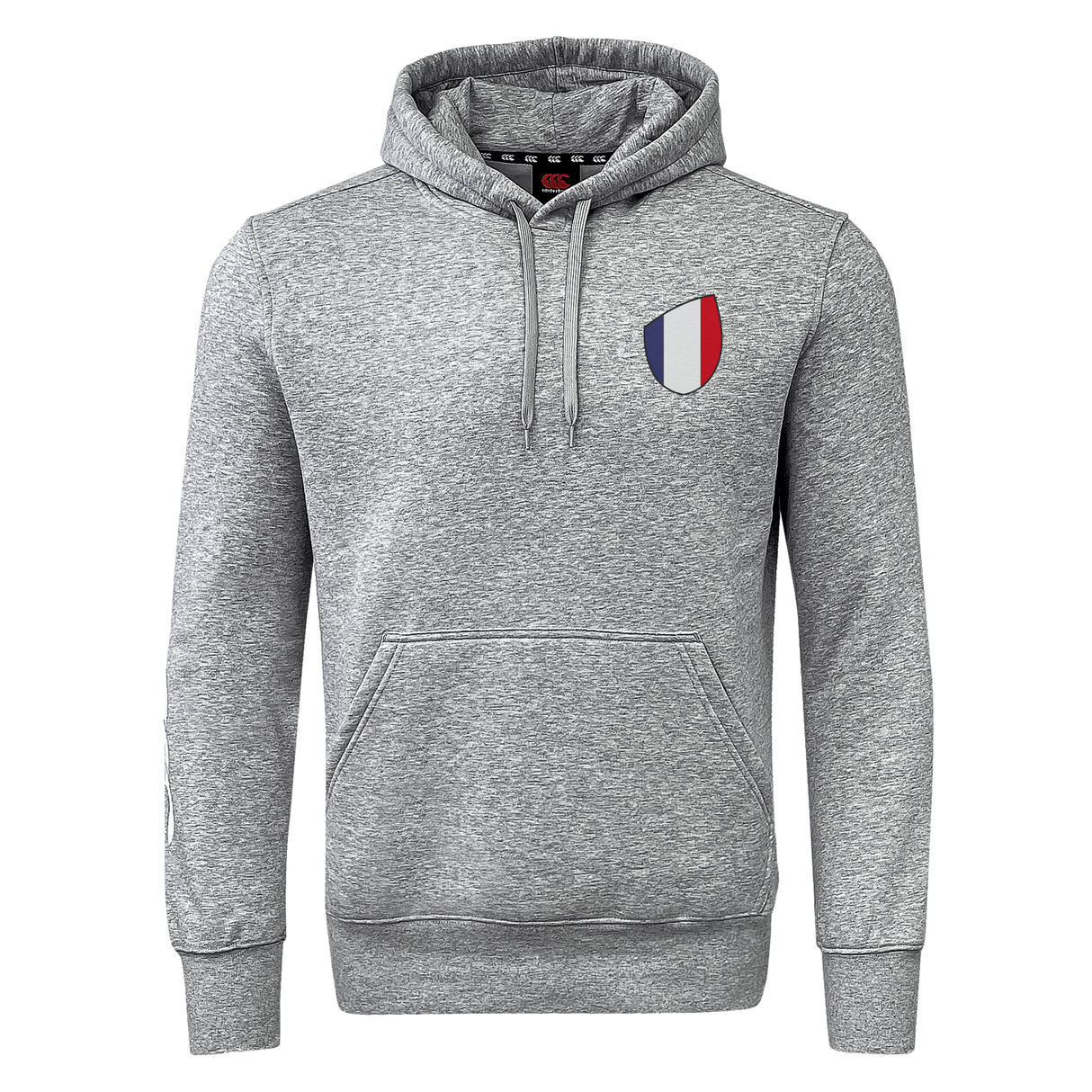 The France Shield Club Hoodie by EMB Canterbury is a gray sweatshirt fleece hoodie, featuring a front pocket and a small tricolor shield emblem on the chest.
