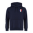The France Shield Club Hoodie by EMB Canterbury features a hood, drawstrings, and a kangaroo pocket. It showcases a small tricolor shield on the chest and three white stripes on the left sleeve, offering ultimate comfort in sweatshirt fleece.