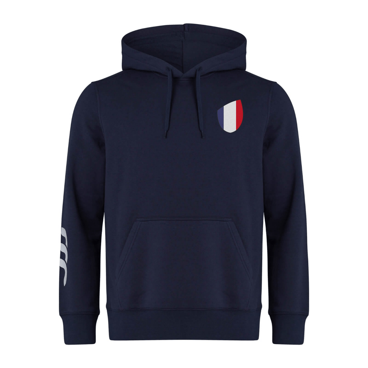 The France Shield Club Hoodie by EMB Canterbury features a hood, drawstrings, and a kangaroo pocket. It showcases a small tricolor shield on the chest and three white stripes on the left sleeve, offering ultimate comfort in sweatshirt fleece.