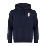 The France Shield Club Hoodie by EMB Canterbury features a hood, drawstrings, and a kangaroo pocket. It showcases a small tricolor shield on the chest and three white stripes on the left sleeve, offering ultimate comfort in sweatshirt fleece.