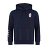 The France Shield Club Hoodie by EMB Canterbury features a hood, drawstrings, and a kangaroo pocket. It showcases a small tricolor shield on the chest and three white stripes on the left sleeve, offering ultimate comfort in sweatshirt fleece.