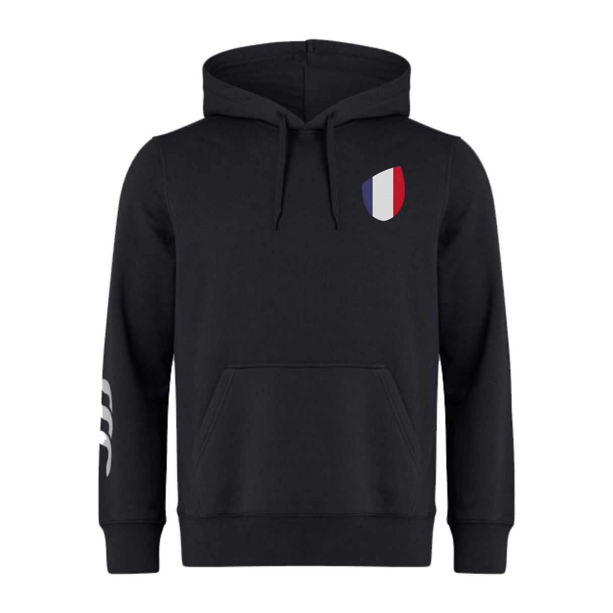 The France Shield Club Hoodie by EMB Canterbury is designed from sweatshirt fleece in black, featuring a drawstring hood and brand logo. It has a chest shield with a blue, white, and red design, plus three unique white stripes on the sleeve.