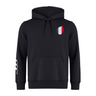 The France Shield Club Hoodie by EMB Canterbury is designed from sweatshirt fleece in black, featuring a drawstring hood and brand logo. It has a chest shield with a blue, white, and red design, plus three unique white stripes on the sleeve.