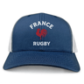 The Nations of Rugby France Retro Trucker Cap by EMB S&S Activewear features a blue and white design, red rooster graphic, "France Rugby" on the front, classic trucker style, and adjustable snapback for comfort.
