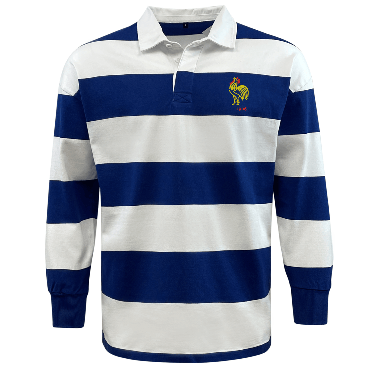 Striped long-sleeve Nations of Rugby France Vintage Hooped Classic Jersey with crest on the chest by EMB Mudoo.