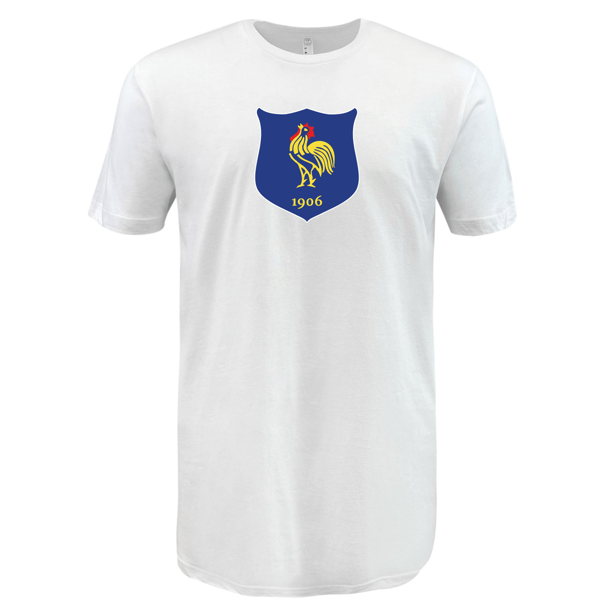 Nations of Rugby Vintage France Supersoft Tee by WRS LAT with a blue shield logo featuring a golden rooster and the year 1906 on the chest.