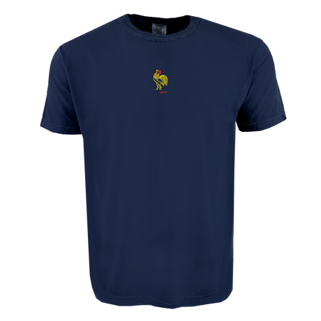 The EMB S&S Activewear France Vintage Comfort Tee features a navy blue design with an embroidered vintage logo and bold red "1998" text on the chest—perfect for rugby fans.