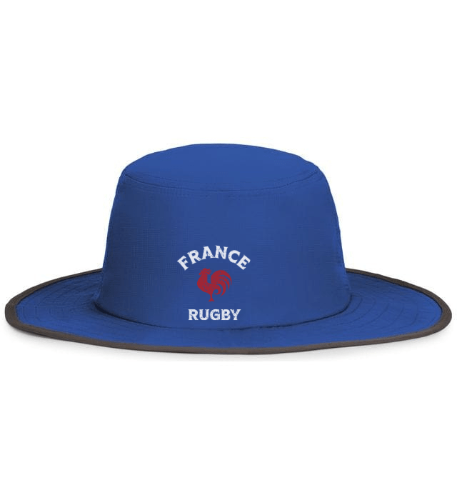 A blue Nations of Rugby France Rugby Legend Boonie Cap made of moisture wicking fabric with the word France Rugby on it, produced by EMB Augusta.