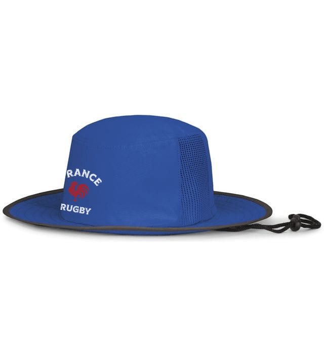 A moisture-wicking Nations of Rugby France Rugby Legend Boonie Cap with the word France on it, made of polyester fabric by EMB Augusta.