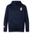 The EMB Canterbury France Shield Club Lightweight Hoodie in navy blue features a kangaroo pocket, a small chest shield design with France's blue, white, and red stripes, plus a sleeve logo. Ideal for rugby fans.