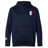 The EMB Canterbury France Shield Club Lightweight Hoodie in navy blue features a kangaroo pocket, a small chest shield design with France's blue, white, and red stripes, plus a sleeve logo. Ideal for rugby fans.