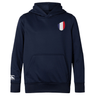 The EMB Canterbury France Shield Club Lightweight Hoodie in navy blue features a kangaroo pocket, a small chest shield design with France's blue, white, and red stripes, plus a sleeve logo. Ideal for rugby fans.