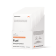 A white box labeled "Momentous Fuel 10-Travel Packs" holds 10 packets of Passion Orange Guava carb electrolyte formula for sustained energy and hydration during endurance exercise. The box features the Momentous brand and livemomentous.com.