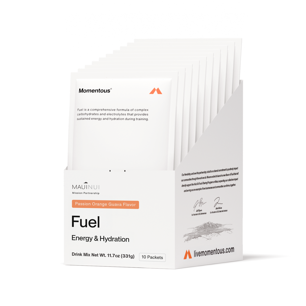 A white box labeled "Momentous Fuel 10-Travel Packs" holds 10 packets of Passion Orange Guava carb electrolyte formula for sustained energy and hydration during endurance exercise. The box features the Momentous brand and livemomentous.com.