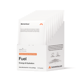 A white box labeled "Momentous Fuel 10-Travel Packs" holds 10 packets of Passion Orange Guava carb electrolyte formula for sustained energy and hydration during endurance exercise. The box features the Momentous brand and livemomentous.com.