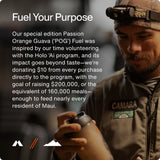 A person in outdoor gear holds a Momentous Fuel 10-Travel Pack. Text describes a Passion Orange Guava carb electrolyte formula supporting Maui residents’ meals via the Holo ‘Ai program’s fundraising campaign by Momentous.