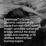 A cyclist with motion blur; text highlights Momentous Fuel 10-Travel Packs by Momentous, featuring Palatinose™, a low-glycemic carb from beet sugar for steady, long-lasting energy during endurance exercise without spikes or GI discomfort.