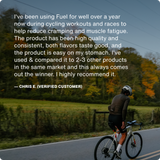 A cyclist rides on a paved road through a grassy field; in the upper left corner, a testimonial highlights Momentous Fuel 10-Travel Packs’ sustained energy and effectiveness.