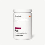 A 495g white container of Momentous Fuel Cherry Berry Flavor carb electrolyte formula by Momentous, featuring product details and branding, designed for sustained energy with clean ingredients.