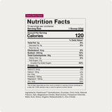 Nutrition facts label for Momentous Fuel by Momentous, cherry berry flavor powder—120 calories per 33g scoop, key nutrients listed, clean ingredients for sustained energy; ingredient list at bottom.