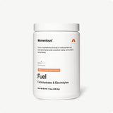 A white container of Momentous Fuel drink mix, Passion Orange Guava flavor, offers a carb electrolyte formula with clean ingredients for sustained energy, 17.5 oz (496.5 g), from Momentous.
