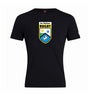 The WRS Canterbury Las Colinas Rugby Club Plain Tee is a black cotton blend tee with a front crest of stars and a white horse, inspired by the Canterbury Club Plain Tee.