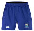 The Las Colinas Rugby Royal 2.0 Advantage Short by EMB Canterbury features a Canterbury logo on the left leg and Las Colinas RFC badge on the right—perfect for fans of sustainable sportswear.