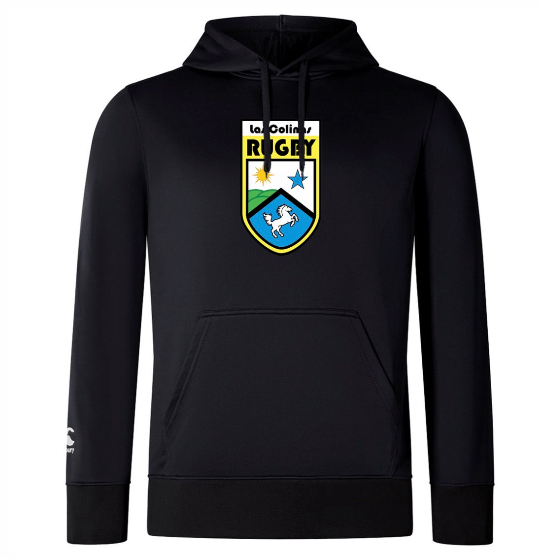 The Las Colinas Rugby Club Lightweight Hoodie by WRS Canterbury is a custom black hoodie with a large "Las Colinas Rugby" crest featuring stars and a horse on the chest, plus a small white logo on the left sleeve.
