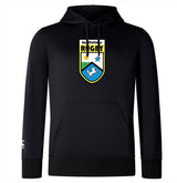 The Las Colinas Rugby Club Lightweight Hoodie by WRS Canterbury is a custom black hoodie with a large "Las Colinas Rugby" crest featuring stars and a horse on the chest, plus a small white logo on the left sleeve.