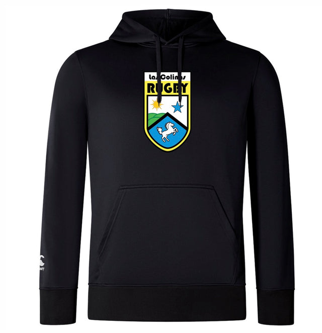 The Las Colinas Rugby Club Lightweight Hoodie by WRS Canterbury is a custom black hoodie with a large "Las Colinas Rugby" crest featuring stars and a horse on the chest, plus a small white logo on the left sleeve.