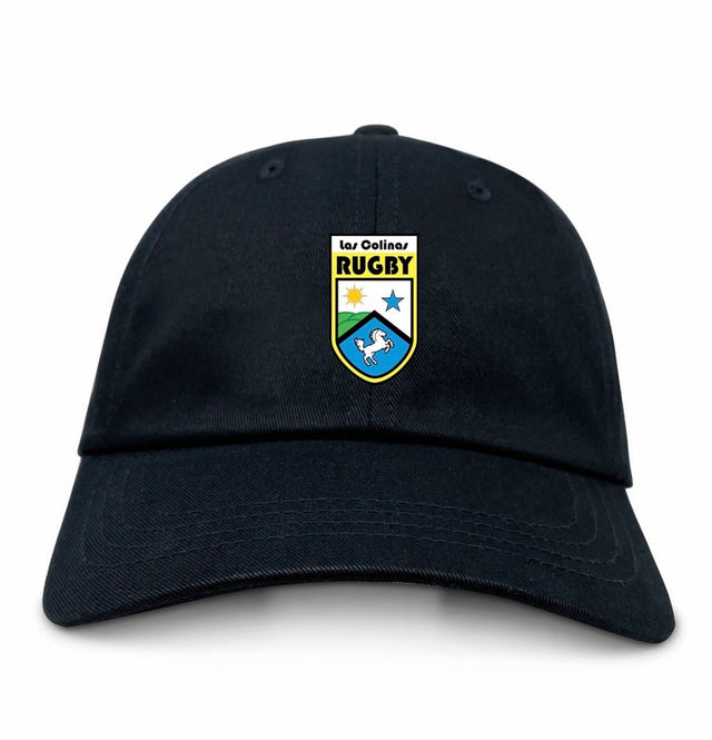 The Las Colinas Rugby Dad Cap by EMB S&S Activewear features a star, sun, and horse crest embroidered on black—your perfect casual hat to support the team.