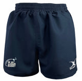 Play Rugby USA Saracen V3 Match Shorts by Gilbert in navy blue with an elastic waistband, featuring both "Play Rugby USA" and EMB Gilbert logos on the front.