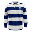 The EMB Mudoo Las Colinas Rugby Royal Classic Long Sleeve Hooped Jersey features blue and white stripes, a collar, long sleeves, and an embroidered left-chest crest—perfect for timeless leisure style.