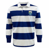 The EMB Mudoo Las Colinas Rugby Royal Classic Long Sleeve Hooped Jersey features blue and white stripes, a collar, long sleeves, and an embroidered left-chest crest—perfect for timeless leisure style.