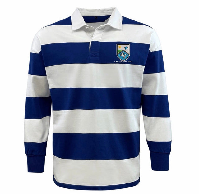 The EMB Mudoo Las Colinas Rugby Royal Classic Long Sleeve Hooped Jersey features blue and white stripes, a collar, long sleeves, and an embroidered left-chest crest—perfect for timeless leisure style.