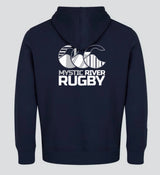 The Mystic River Club Hoodie by Canterbury from WRS Canterbury is a navy blue custom rugby hoodie featuring the "Mystic River Rugby" logo and a white abstract wave graphic on the back.
