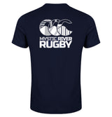 The EMB Canterbury Mystic River Rugby Club Dry Tee is a navy blue, breathable shirt with a stylized wave and "Mystic River Rugby" in white on the back—designed for comfort and performance on or off the field.