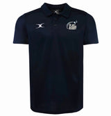 The Play Rugby USA Photon II Polo by EMB Gilbert is a navy blue athletic polo with a collar, button placket, "PLAY RUGBY" left chest logo, and a white swoosh logo on the right chest for a classic rugby look.