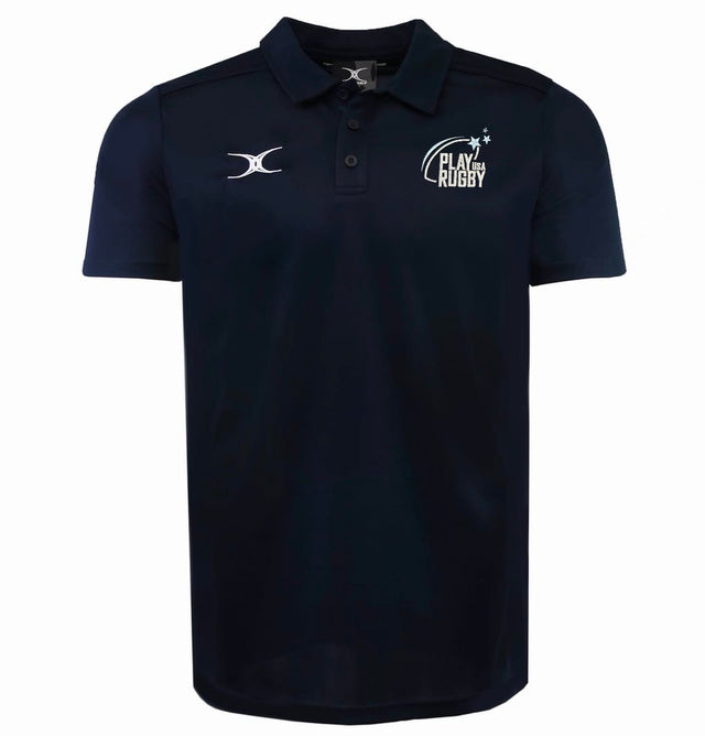 The Play Rugby USA Photon II Polo by EMB Gilbert is a navy blue athletic polo with a collar, button placket, "PLAY RUGBY" left chest logo, and a white swoosh logo on the right chest for a classic rugby look.