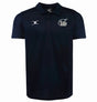 The Play Rugby USA Photon II Polo by EMB Gilbert is a navy blue athletic polo with a collar, button placket, "PLAY RUGBY" left chest logo, and a white swoosh logo on the right chest for a classic rugby look.