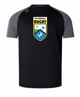 The Las Colinas Rugby Elite Training Tee by WRS Canterbury is a black and gray short-sleeve shirt with a "Las Colinas Rugby" crest, crafted from Vapodri fabrics for superior comfort during training.