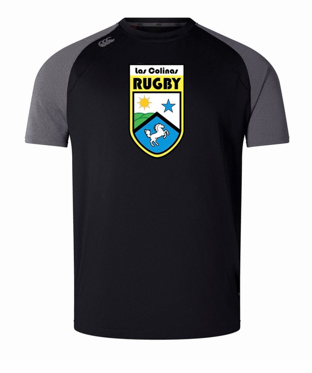 The Las Colinas Rugby Elite Training Tee by WRS Canterbury is a black and gray short-sleeve shirt with a "Las Colinas Rugby" crest, crafted from Vapodri fabrics for superior comfort during training.