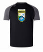 The Las Colinas Rugby Elite Training Tee by WRS Canterbury is a black and gray short-sleeve shirt with a "Las Colinas Rugby" crest, crafted from Vapodri fabrics for superior comfort during training.