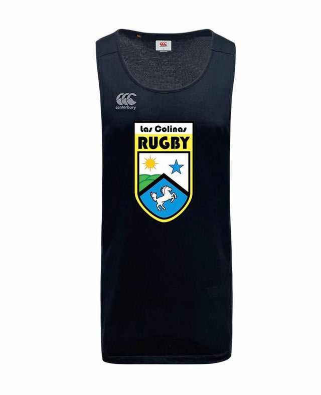 The WRS Canterbury Las Colinas Rugby Tempo Vapodri Singlet is a black rugby tank top featuring a large sun, star, and horse crest on the front. Its moisture-wicking fabric keeps you cool and comfortable.
