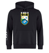 The Las Colinas Rugby Club Hoodie by WRS Canterbury features a large chest badge with "Rugby," stars, a sun, hills, and a horse, plus white stripes on the right sleeve.