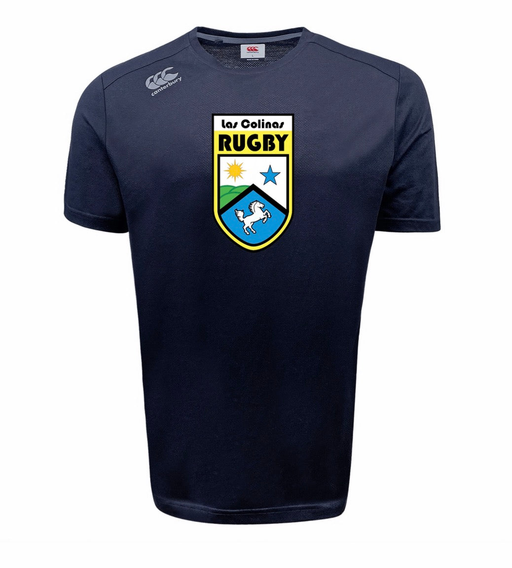 The Las Colinas Rugby Tempo Vapodri T-Shirt by WRS Canterbury features a sun, star, and two rugby players crest on navy blue—an athletic performance tee ideal for both fans and players.