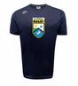 The Las Colinas Rugby Tempo Vapodri T-Shirt by WRS Canterbury features a sun, star, and two rugby players crest on navy blue—an athletic performance tee ideal for both fans and players.