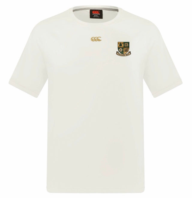 The Exiles Rugby Everest Dart Tech T-Shirt by EMB Canterbury features a small crest, gold logo, and round neck. Made from quick-drying, breathable fabric, it’s perfect for workout comfort.